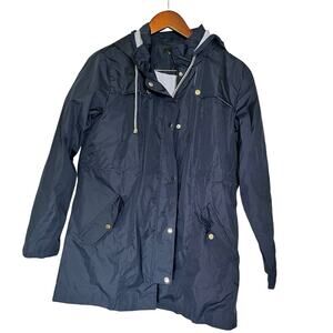 Navy Seersucker Rain Jacket Size L Hooded Preppy Coastal Southern Classic Casual